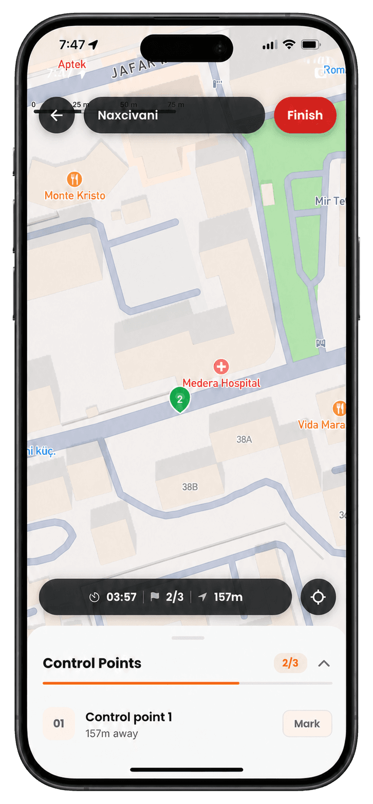 The Orriii app showing a route and checkpoint progress on a phone